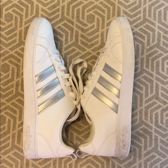 ADIDAS White Leather Sneaks with Silver Stripes - Picture 2 of 3